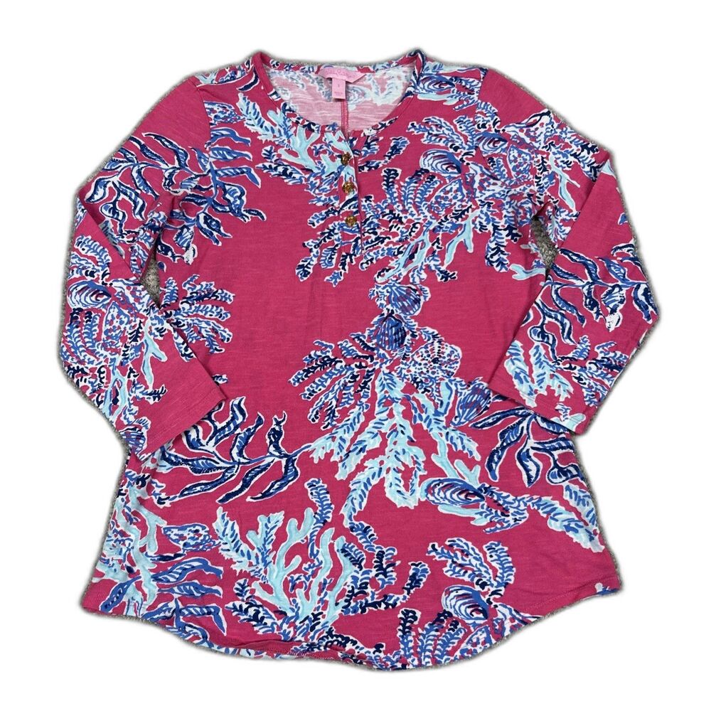 Lilly Pulitzer Shirt Womens Small Kirby 3/4 Sleeve Shirt Pink Blue Cotton Top